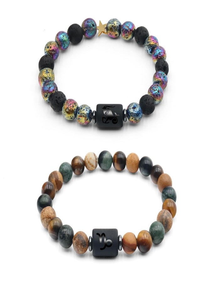 GRKZBKW 2Pcs Zodiac Bracelets for Women & Men, Natural Healing Gemstone Bracelets with Tiger Eye, Turquoise & Lava Rock, Protection & Grounding Crystals, Friendship Couples Bracelets Gifts（8mm） (Capricorn) - Image 1